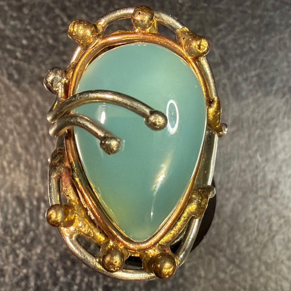 Vintage Studio Artisan Mixed Metal Chalcedony Teardrop Statement Ring Size 6.25